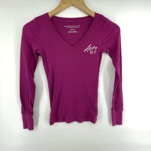 Aeropostale Vintage Y2K Womens XS Pink Ribbed Henley Top Bella Swan Spell Out